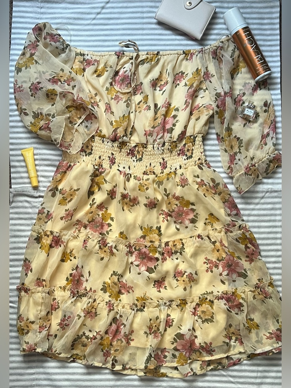Blush Cream Floral Off-Shoulder Dress with Pink and Yellow Flowers